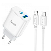 Адаптер Сетевой с кабелем Hoco C105A PD QC3.0 USB/Type-C 20W (Type-C/Lightning) (white)