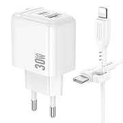 Адаптер Сетевой с кабелем Borofone BAS45A Potential USB/Type-C 3A/30W (Type-C/Lightning) (white)