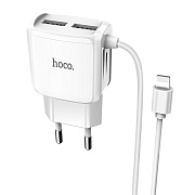 Адаптер Сетевой с кабелем Hoco C59A Mega Joy 2USB 2,4A/10W (USB/Lightning) (white)