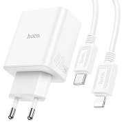 Адаптер Сетевой с кабелем Hoco C126A PD 2Type-C/USB 40W (Type-C/Lightning) (white)