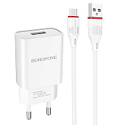 Адаптер Сетевой с кабелем Borofone BA20A Sharp* USB 2,1A/10W (USB/Micro USB) (white)