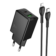 Адаптер Сетевой с кабелем Hoco N71 Nuevo PD+QC3.0 USB/Type-C 3A/30W (Type-C/Lightning) (black)