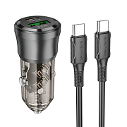 Адаптер Автомобильный с кабелем Borofone BZ25 Journey 38W PD20W+QC3.0 USB/Type-C/5V/3A (Type-C/Type-C) (transparent black)