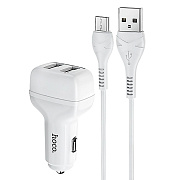 Адаптер Автомобильный с кабелем Hoco Z36 Leader 2USB/5V/2.4A +micro USB (white)