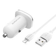 Адаптер Автомобильный с кабелем Borofone BZ12 Lasting 2USB/5V/2.4A (USB/Lightning) (white)