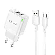 Адаптер Сетевой с кабелем Borofone BN15 Strong 2USB 2,1A/10,5W (USB/Type-C) (white)