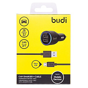 Адаптер Автомобильный с кабелем budi M8J070 2USB/5V/2.1A +micro USB (black)