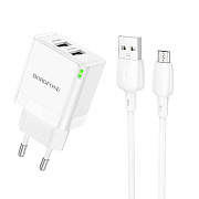 Адаптер Сетевой с кабелем Borofone BN15 Strong USB 2,1A/10,5W (USB/Micro USB) (white)