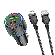 Адаптер Автомобильный с кабелем Borofone BZ21 Brilliant 48W dual port  PD30W+QC3.0 car charger (black carbon)