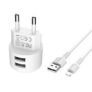 Адаптер Сетевой с кабелем Borofone BA23A Brilliant 2USB 2,4A/10W (USB/Lightning) (white)