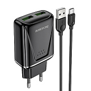 Адаптер Сетевой с кабелем Borofone BA54A Wide QC 2USB 18W (USB/Micro USB) (black)