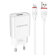 Адаптер Сетевой с кабелем Borofone BA20A Sharp USB 2,1A/10W (USB/Lightning) (white)