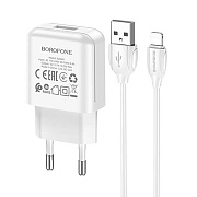 Адаптер Сетевой с кабелем Borofone BA64A USB 2,1A/10W (USB/Lightning) (white)