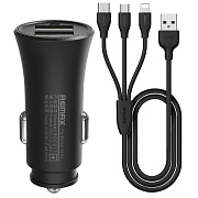 Адаптер Автомобильный с кабелем Remax RCC217 2USB/5V/2.4A +lightning/micro USB/USB-C (black)