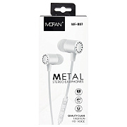 Проводные наушники с микрофоном внутриканальные Mofan MF-007 Jack 3,5  (white/silver)