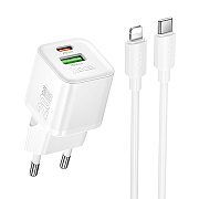 Адаптер Сетевой с кабелем Hoco N65 PD+QC3.0 USB/Type-C 20W (Type-C/Lightning) (white)