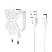 Адаптер Сетевой с кабелем Borofone BA45A Max 2USB 2,4A/10W (USB/Type-C) (white)