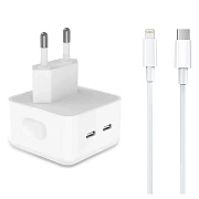 Адаптер Сетевой с кабелем - MHJE3ZM/A PD 2*Type-C 3,8A/35W (Type-C/Lightning) (B) (white)