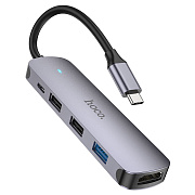 Хаб Type-C - USB Hoco HB27 HDTV+USB3.0+USB2.0*2+PD, 13см (metal gray)