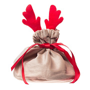 Подарочная упаковка - новогодний мешок с рожками New Year (13x15cm) (beige/red) 