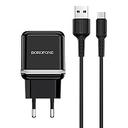 Адаптер Сетевой с кабелем Borofone BA25A Outstanding 2USB 2,4A/12W (USB/Micro USB) (black)