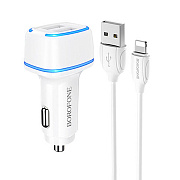 Адаптер Автомобильный с кабелем Borofone BZ14 Max 2USB/5V/2.4A +lightning (white)