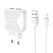 Адаптер Сетевой с кабелем Borofone BA45A Max 2USB 2,4A/10W (USB/Lightning) (white)