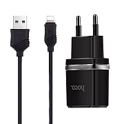 Адаптер Сетевой с кабелем Hoco C12 2USB 2,4A/10W (USB/Lightning) (black)