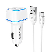 Адаптер Автомобильный с кабелем Borofone BZ14 Max 2USB/5V/2.4A (USB/Type-C) (white)
