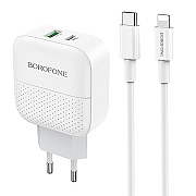 Адаптер Сетевой с кабелем Borofone BA46A Premium PD QC3.0 USB/Type-C 3A/18W (Type-C/Lightning) (white)