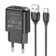 Адаптер Сетевой с кабелем Borofone BA64A USB 2,1A/10W (USB/Type-C) (black)