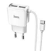 Адаптер Сетевой с кабелем Hoco C59A Mega Joy 2USB 2,4A/10W (USB/Type-C) (white)