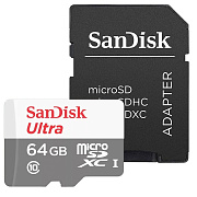 Карта флэш-памяти MicroSD 64 Гб SanDisk Ultra UHS-I + SD адаптер (100 Mb/s) (205132)