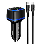 Адаптер Автомобильный с кабелем Borofone BZ14A Mercury USB/Type-C/20W/3.4A PD+QC3.0 Type-C/Type-C (black)