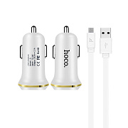 Адаптер Автомобильный с кабелем Hoco Z1 2USB/5V/2.1A+ USB- micro USB (white)