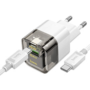 Адаптер Сетевой с кабелем Hoco C131a* USB/Type-C 30W (Type-C/Type-C) (transparent black)