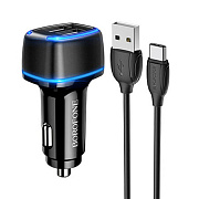 Адаптер Автомобильный с кабелем Borofone BZ14 Max 2USB/5V/2.4A +Type-C (black)